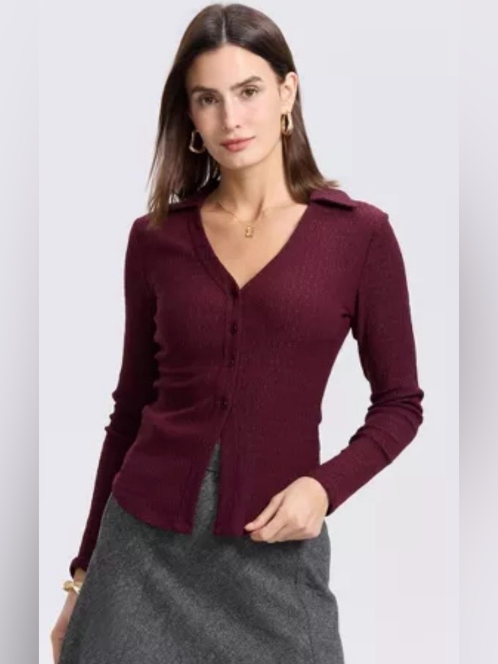 Women's Long Sleeve Button-Down Knit Top - A New Day™ Downtown Brown Sz L